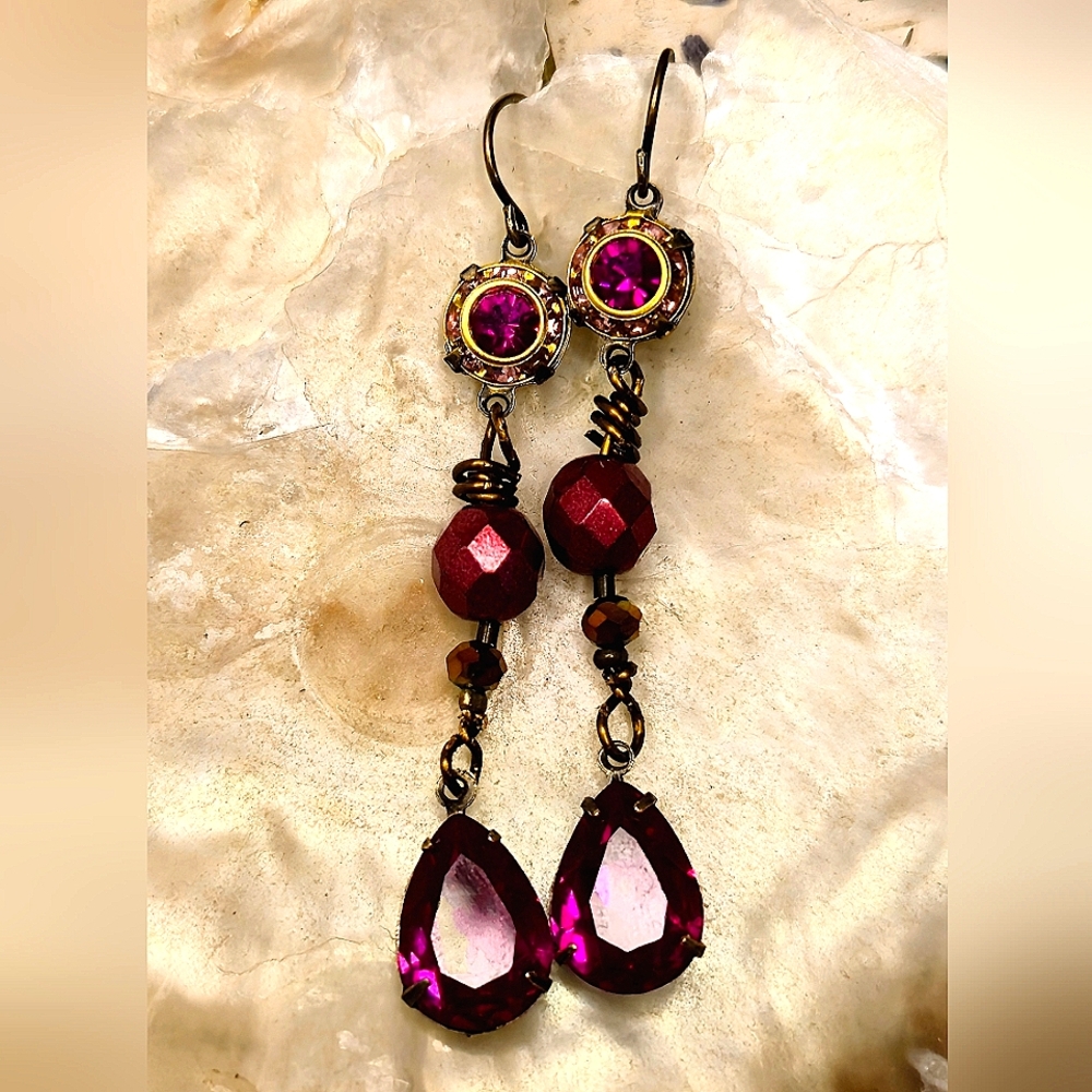 Victorian Fuchsia Pink Flower And Rose Crystals In Long Brass Earrings